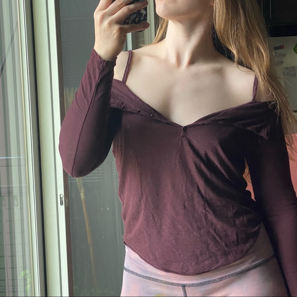 Nation LA maroon off the shoulder button up long sleeve shirt